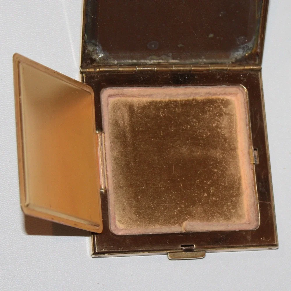 Vintage Volupte USA Gold Tone Square Compact Embossed Floral Bouquet Mirror
